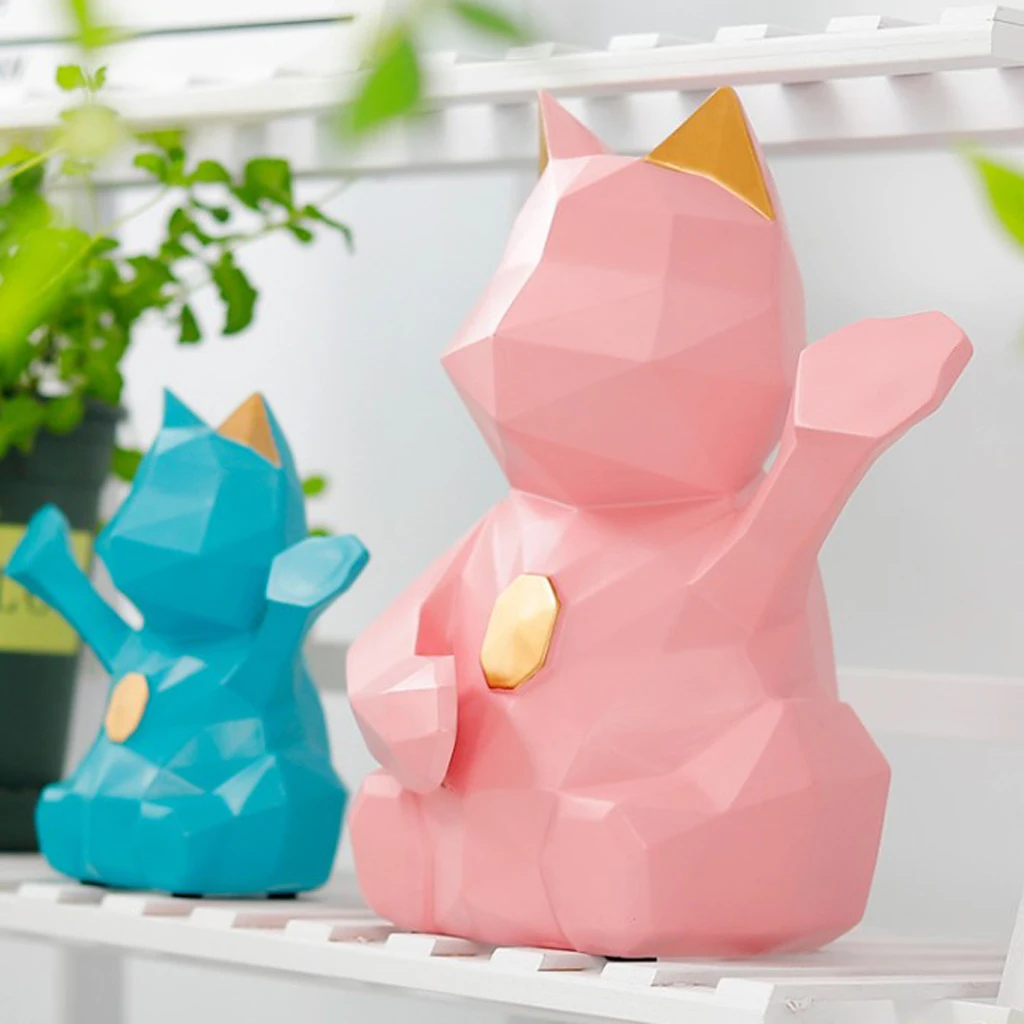 3D Abstract Art Geometric Fortune Lucky Cat Sculpture Resin Animal Statue Figurines Feng Shui Decor