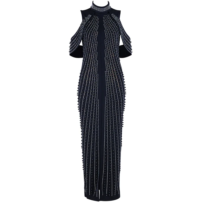 Сексуальное женское длинное платье вышитое Блестящим Бисером платье знаменитостей вечернее платье водолазка сексуальное платье с разрезом сзади Vestidos - Цвет: Черный