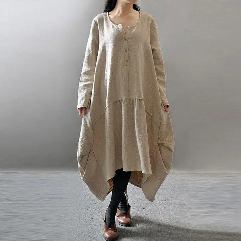 Женское Ассиметричное платье больших размеров, Осень-зима, повседневное однотонное платье с длинным рукавом и пуговицами, винтажное мешковатое платье миди