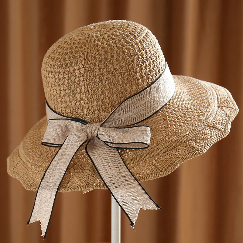 Женская модная шляпа от солнца, милая элегантная винтажная Складная Солнцезащитная пляжная вязаная шапка с широкими полями, летние трендовые аксессуары