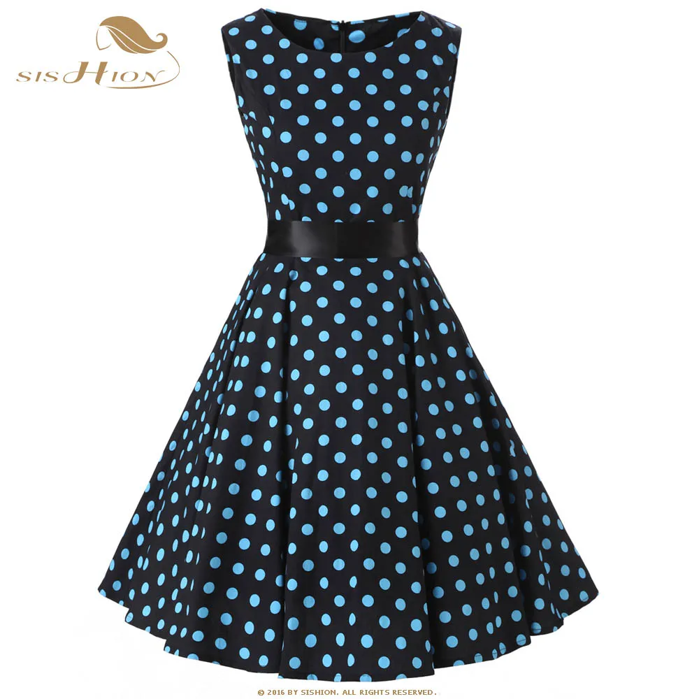 

SISHION Sleeveless Vintage Dress 50s 60s Retro Big Swing Rockabilly Party Dresses Black with Blue Dot with Belt Tunic Dress 0522