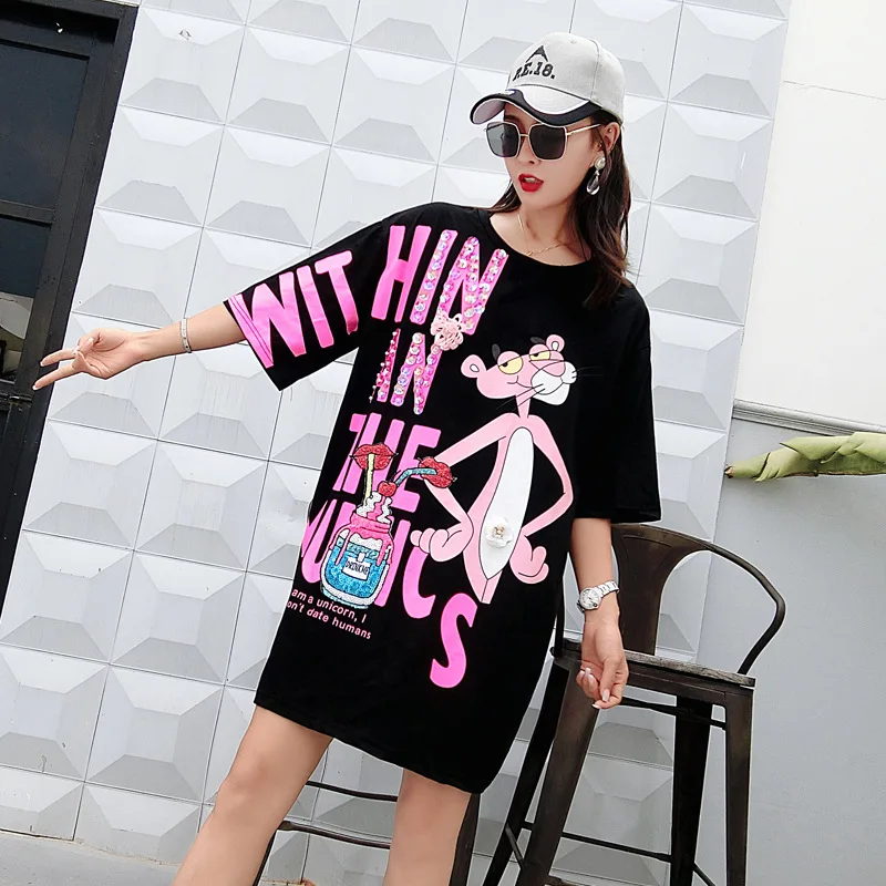 

Spring and summer 2019 new fashion brand pink leopard print sequined T-shirt women's medium-long loose t-shirt