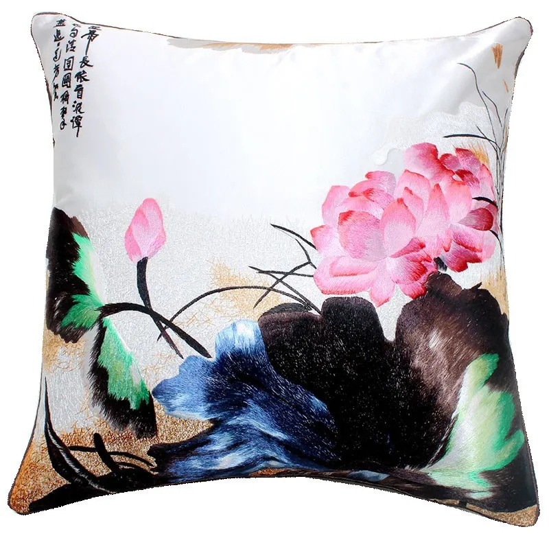 

Handmade Finished Mulberry Silk Suzhou Embroidery Sofa cushion cover, peony birds 45cm*45cm