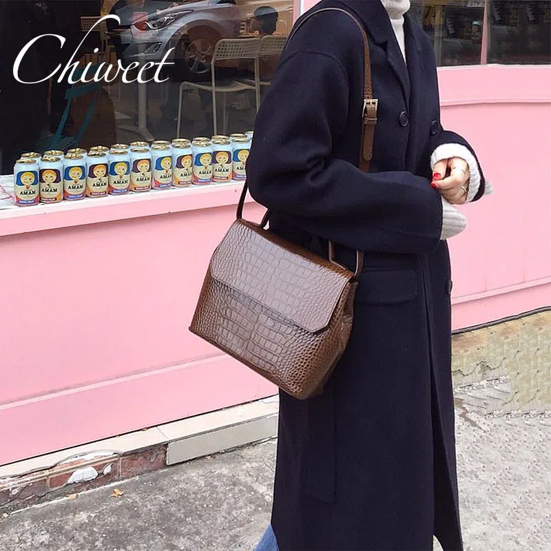 

Vintage Large PU Leather Crocodile Skin Printing Flap Bag Luxury Handbags Women Messenger Tote Ladies Square Big Shoulder Bags