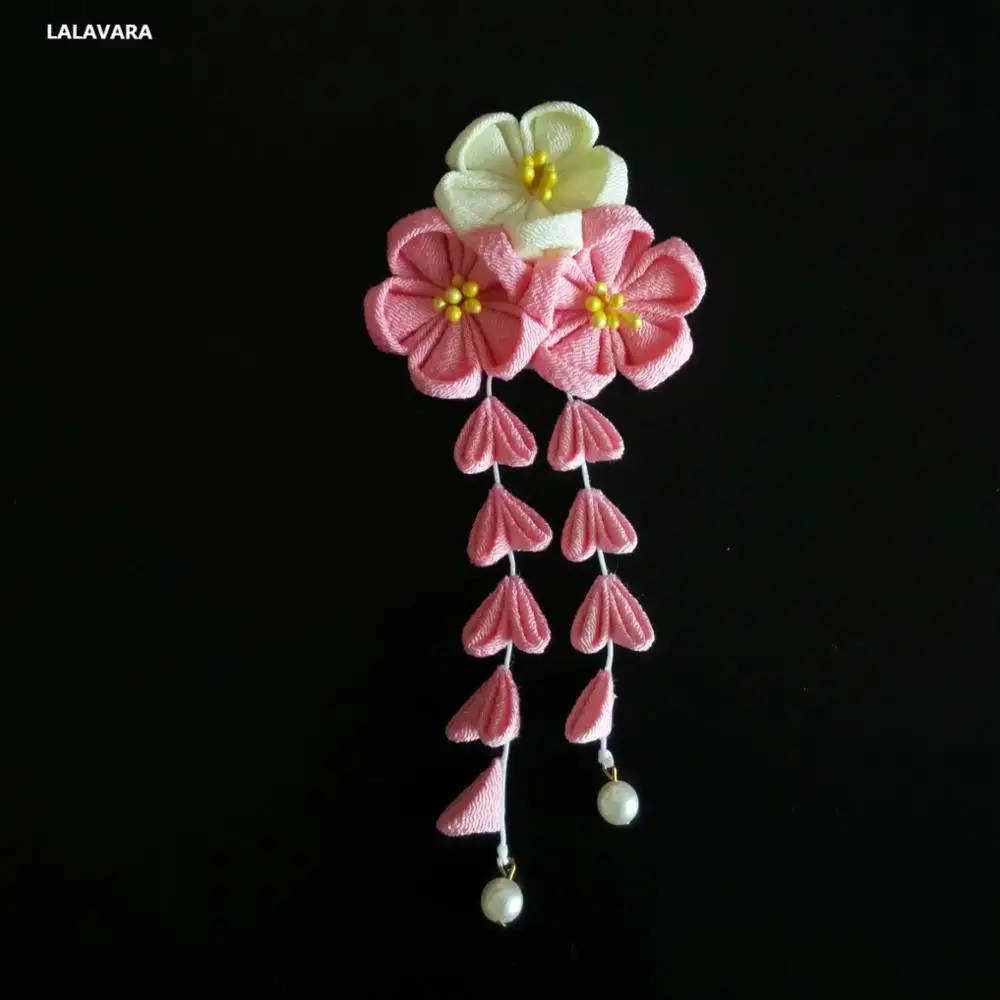 pink LALAVARA 10 шт. шпильки для волос Сакура для девочек женские кимоно заколки kanzashi цветочные аксессуары для волос - Окраска металла: pink