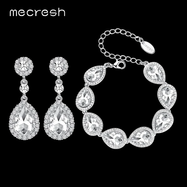 Mecresh Crystal Bridal Jewelry Sets Silver Color Teardrop Wedding Mecresh Crystal Bridal Jewelry Sets Silver Color Teardrop Wedding Bracelet Earrings Fashion Party Sl051