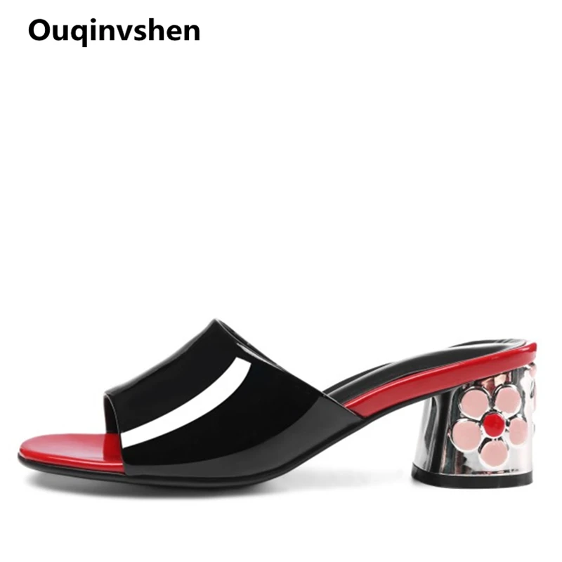 

Ouqinvshen Flower Black Women Shoes High Heel Big Size 34-43 Strange Style Craft Party Fashion Slippers Peep Toe Summer Shoes