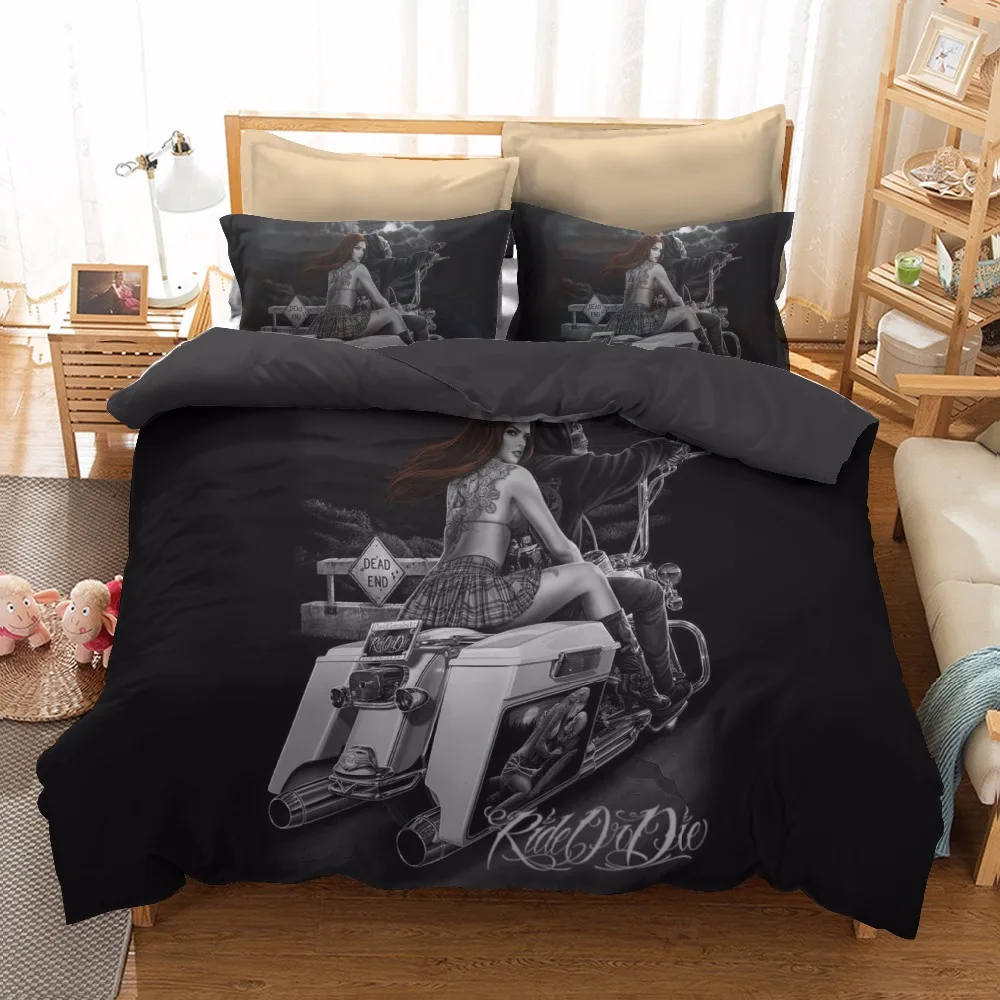 

3D Ride & Die Bedding Set,Halley Motorcycle 3pcs Duvet Cover with Pillowcases Beauty Skull Printing Duvet Cover Sets Skeleton