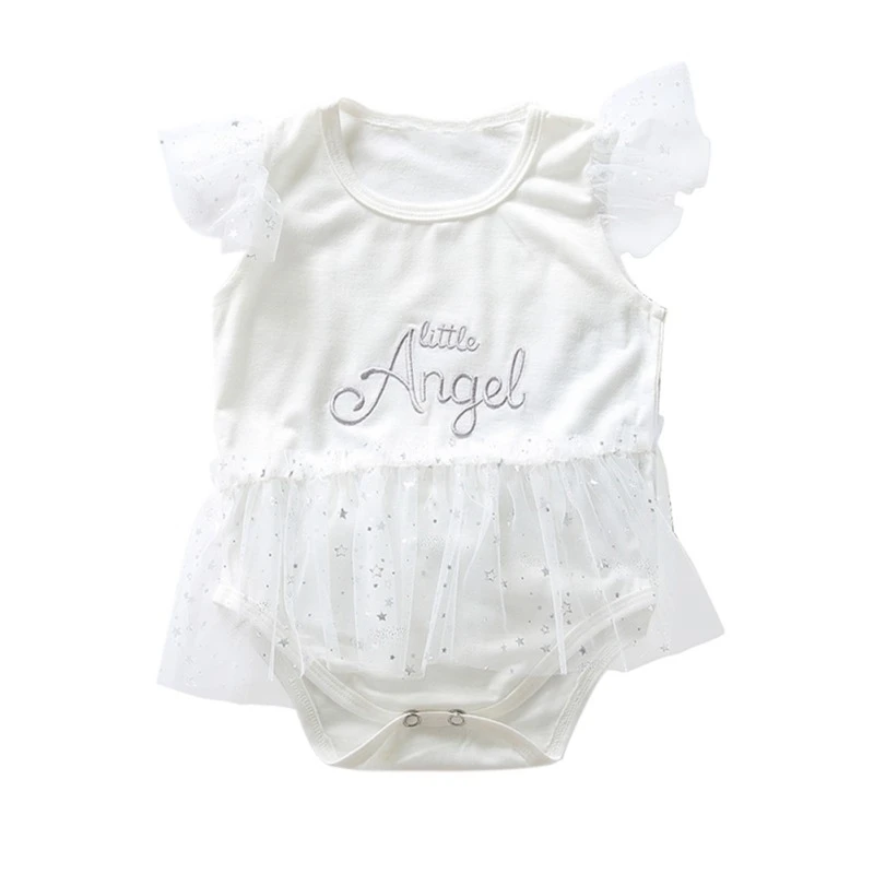 

Infant Baby Bodysuit Summer Newborn Baby Girls Flare Sleeve Letter Pattern Bodysuit One-Piece Beachwear with Mesh
