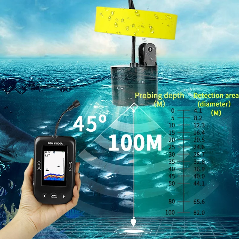حار-ترقية Xf02-C المحمولة صياد السمك 9 M كابل السونار إنذار 0.6-100 M عمق Fishfinder الاستشعار سونار Colorfu