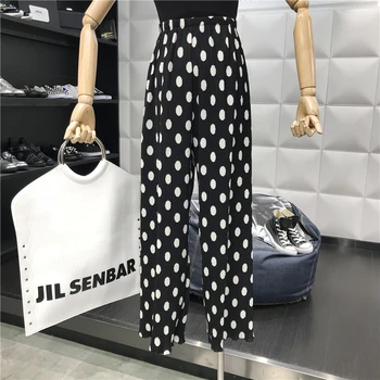 

2019 New Spring Summer Fashion Ultra Long Women Trousers Polka Dot Elastic Waist Straight Pants Wide Leg Chiffon Pants