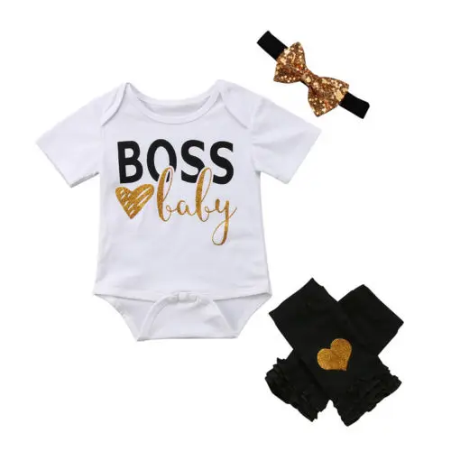 0 24M Baby Girl Sequin boss Clothes 3Pcs Newborn Kids Jumpsuit Romper