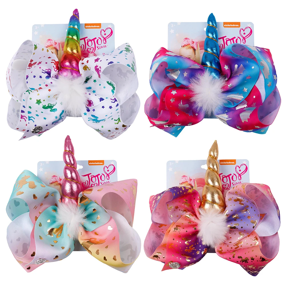 

8" Large Unicorn Heart Party Hair Bows For JOJO Bows With Horn Pompom Girls Hair Clips Handmade Ribbon Boutique Hair Accessories