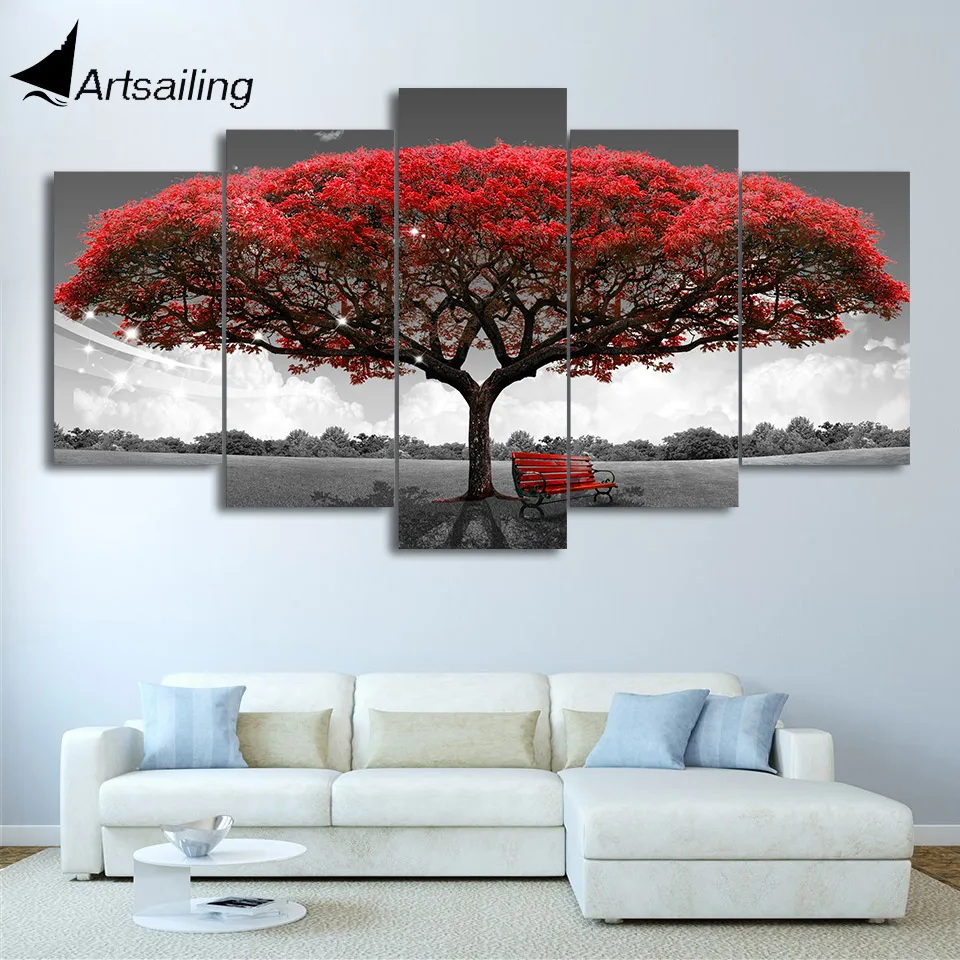 

HD printed 5 piece canvas art Black and white Red tree painting wall pictures for living room modern free shipping CU-2572B