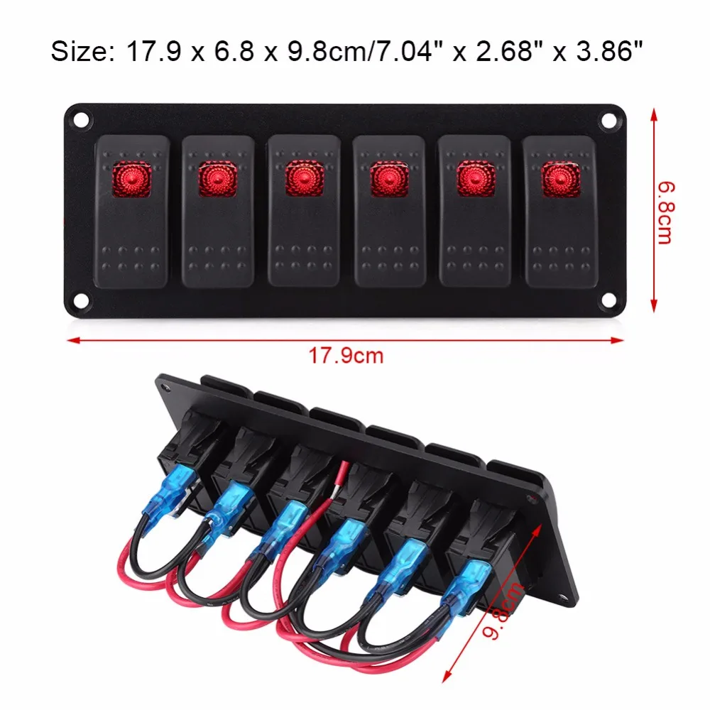 1 Set 12 24V 6 Gang Red LED Rocker Switch Panel for Car RV Boat Yacht