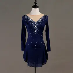 Фигурное катание платье Для женщин синий с длинным рукавом Блестящий горный хрусталь Профессиональные коньки платье девушки конкурс Dancewaer
