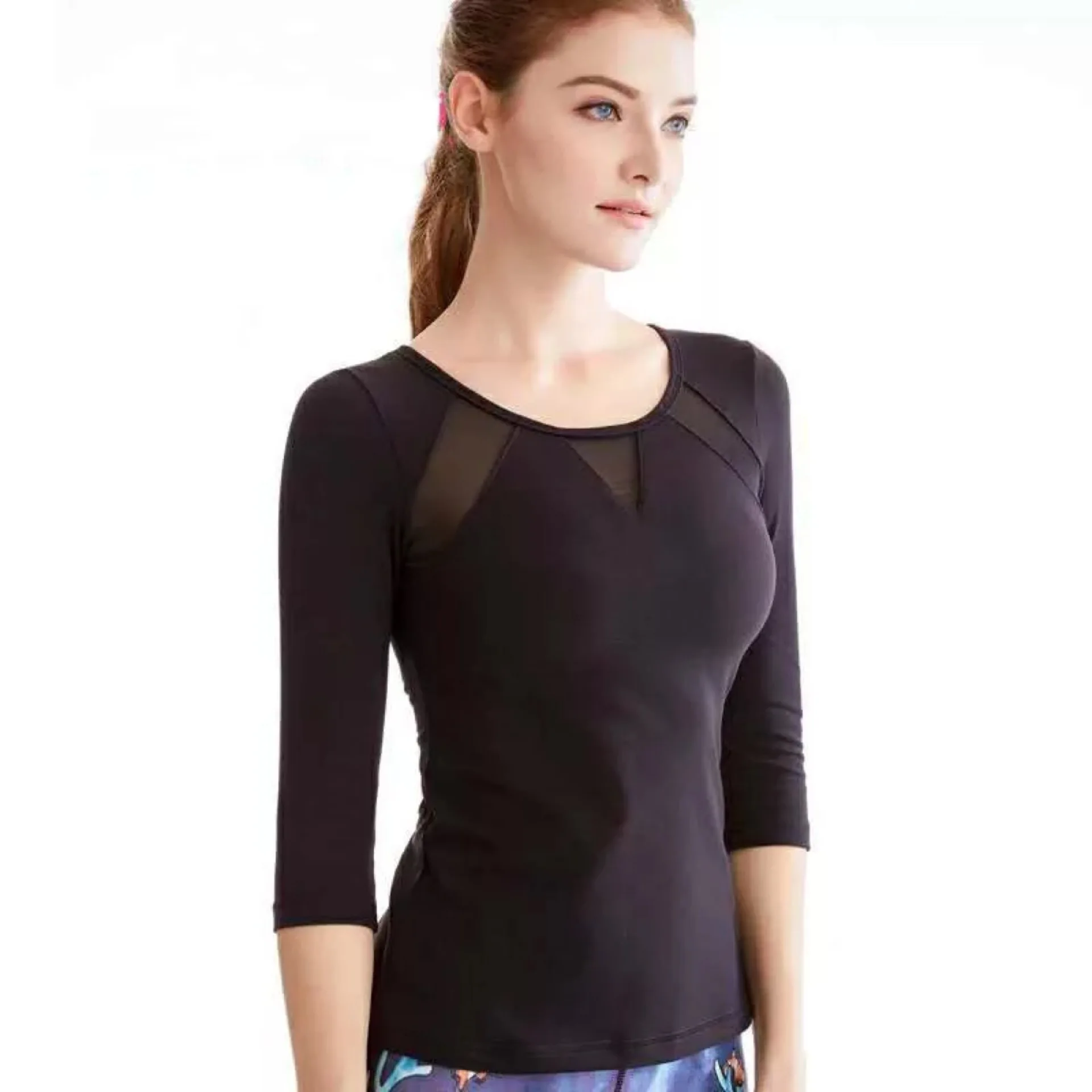 Woman's yoga clothes three quarter sleeves bodycon mesh stitching front