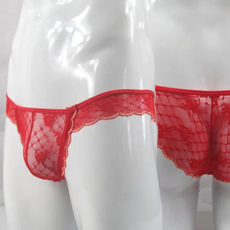 Модные сексуальные кружевные мужские трусы бикини с заниженной талией c thru red|lace