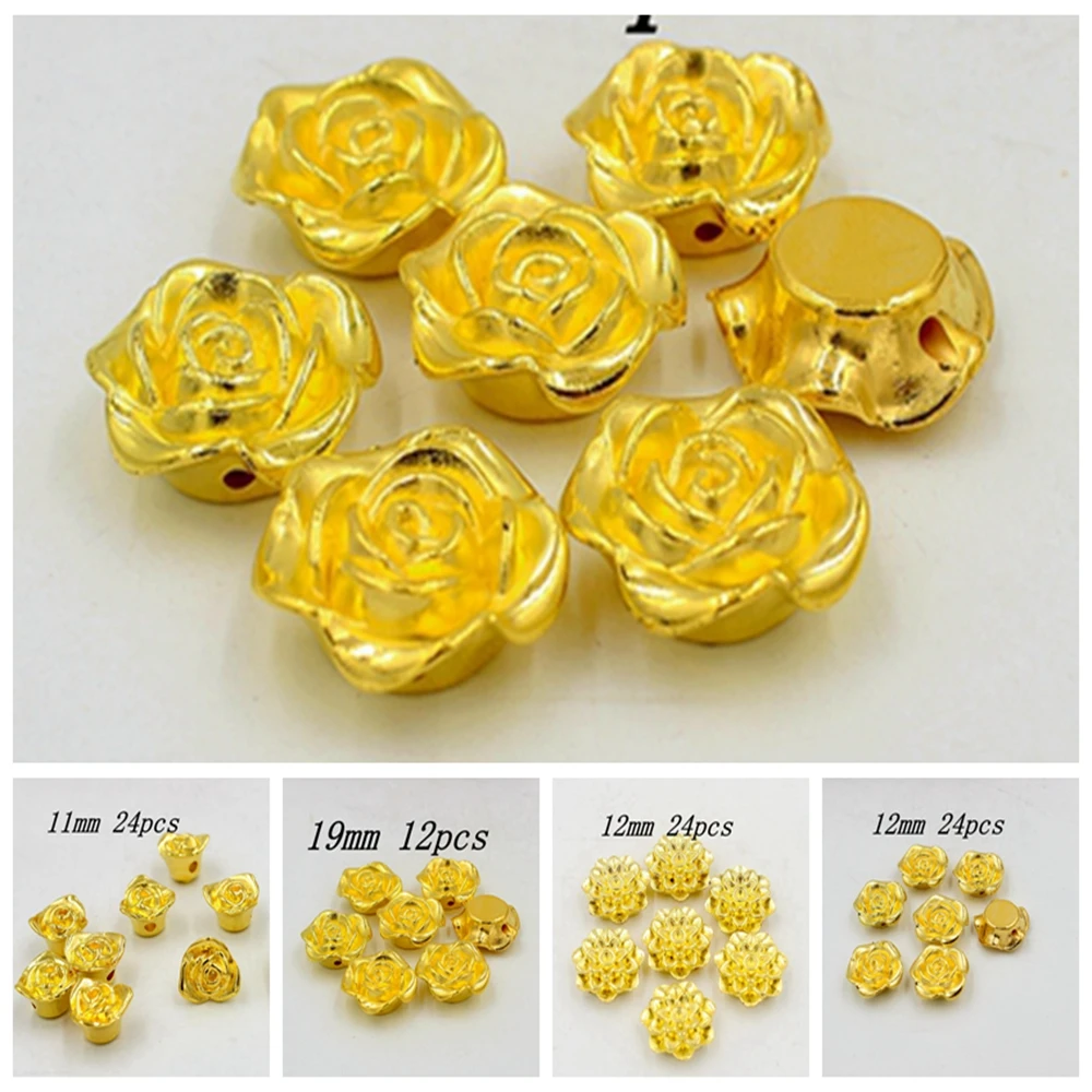 

Many Kinds Gold Rose Flower Design Two Hole ABS Flatback Imitation Pearls Beads Crafts Decoration For DIY Jewelry Cloth Making