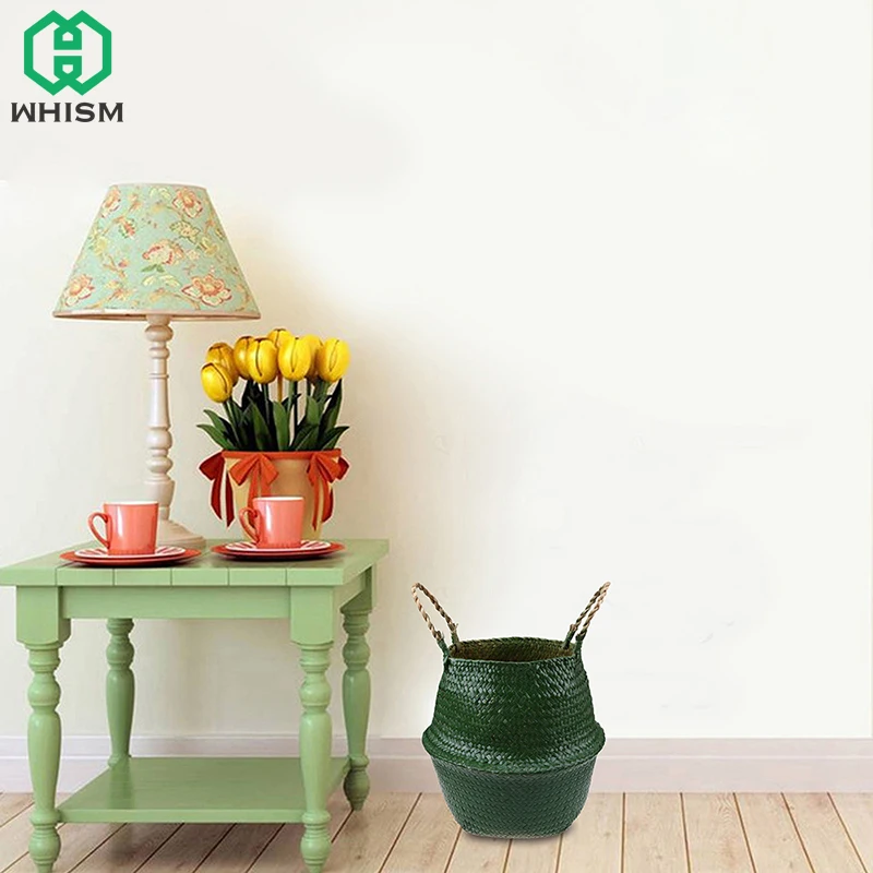 WHISM Wicker Flower Pots Handmade Garden Pots Planters Rattan Hanging Basket Seagrass Woven Flowepot Foldable Storage Baskets