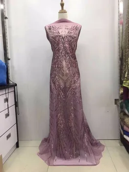 

Pink Color Sequined Embroidered Mesh Tulle Lace Fabric 2019 New Design African Net Sequins Lace For Evening Dress CE-003