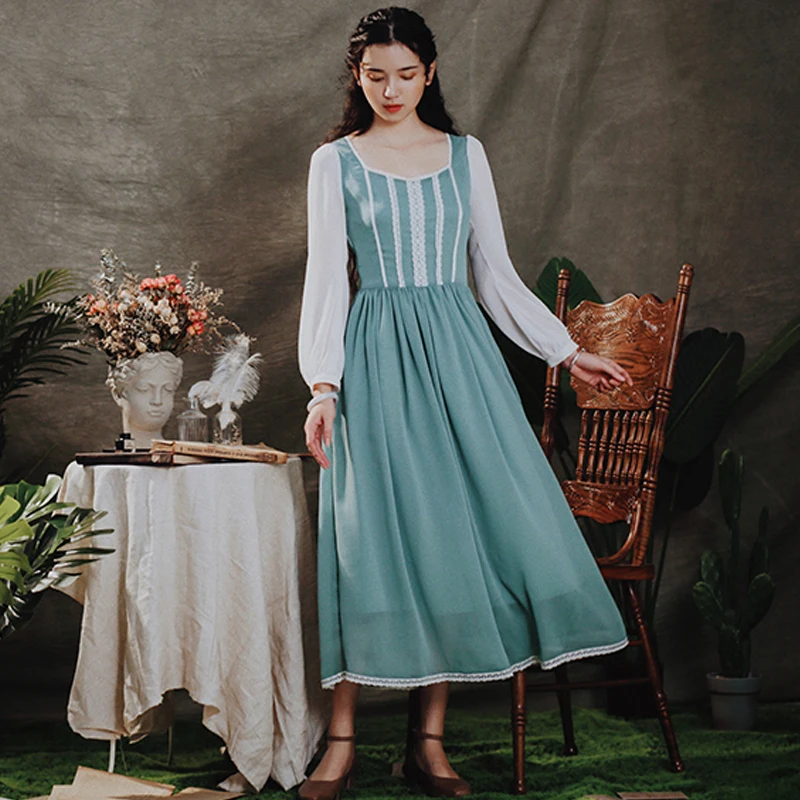 

LYNETTE'S CHINOISERIE Spring Autumn Original Design Women Elegant French Vintage Slim High Waist Lace Patchwork Dresses