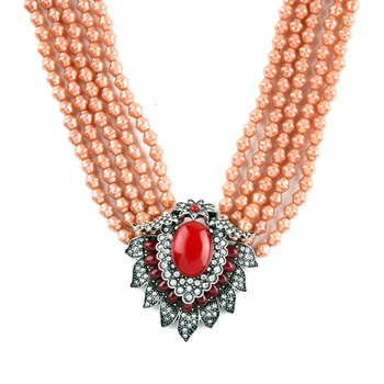

Classical Red Pendant Multilayer Beads Chain Maxi Necklace High-end Party Jewerly