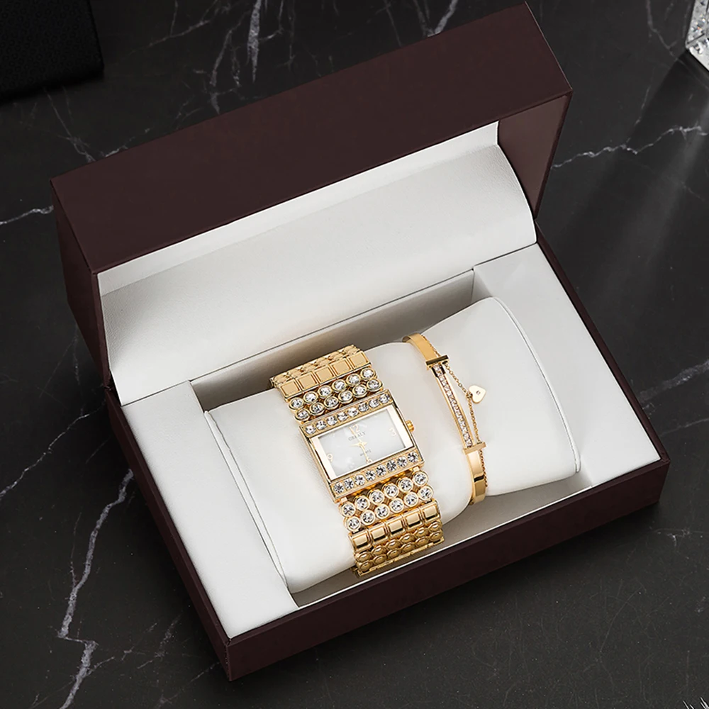3 шт., высококачественные часы, браслет из нержавеющей стали, модные женские Стразы, квадратный чехол для часов, Подарочная коробка для часов, Набор браслетов