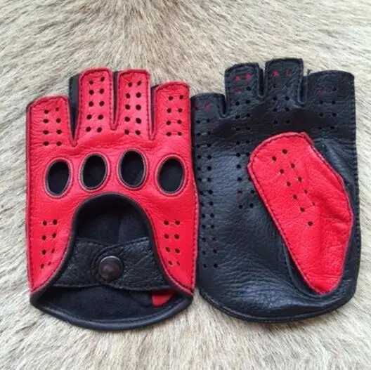 Мужские перчатки без подкладки на полпальца для вождения, модные мужские кожаные перчатки, Дышащие Перчатки для фитнеса, варежки - Цвет: black red  2