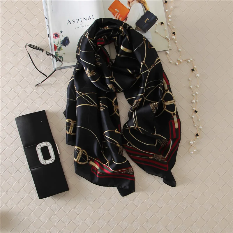 Женский шелковый шарф на цепочке, большие размеры, летние пляжные шали с принтом, элегантные платки [1903]