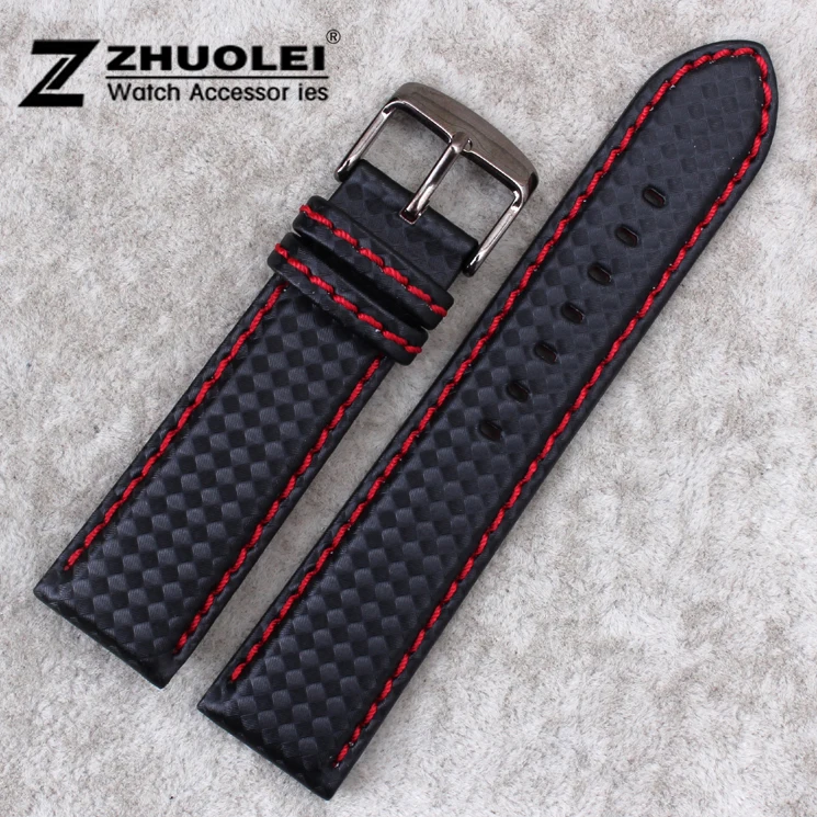 

Carbon fiber particles watchband 18mm 20mm 22mm 24mmBlack Waterproof Red Stitching With Genuine Leather inner Watch Band Strap