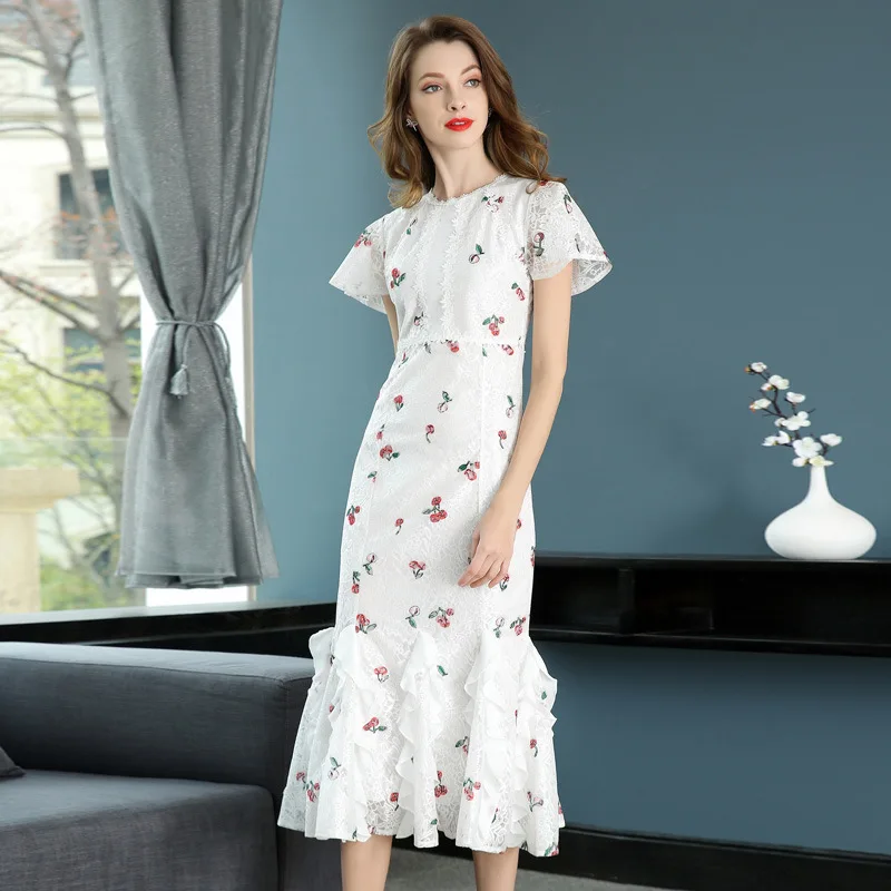 

New Spring and Summer White Cherry Printed Lace Dress with Long and Fishtail Dress
