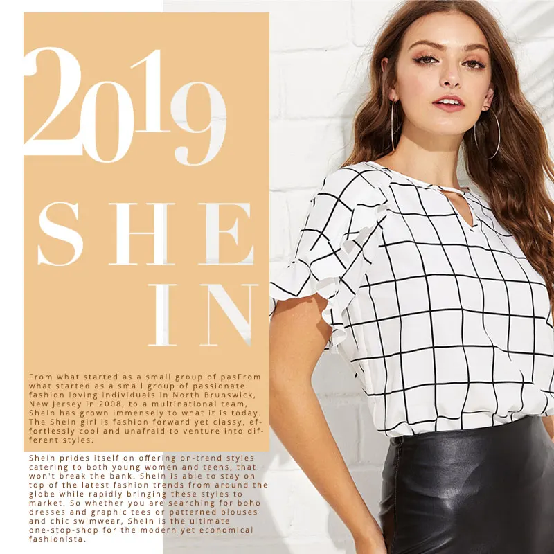 40-  - HTB13svca5zxK1Rjy1zkq6yHrVXaj - SHEIN Xadrez Preto e Branco Pescoço Buraco Da Fechadura Plissado Sobreposição Grade Manga Top Casual Manga Curta Mulheres Verão 2019 Blusas Elegantes