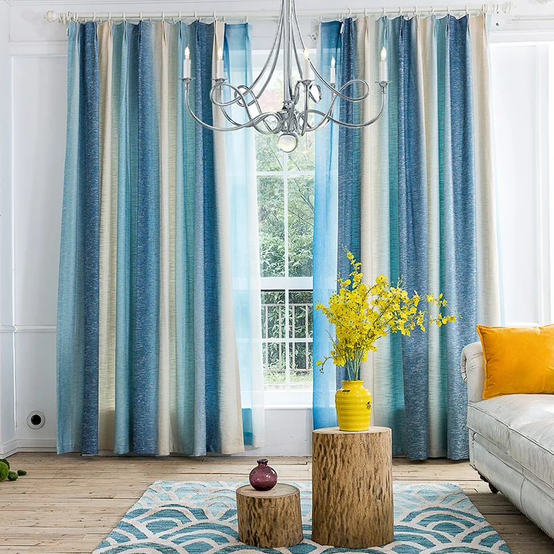 Blue coast romantic Mediterranean stripes linen curtains living room