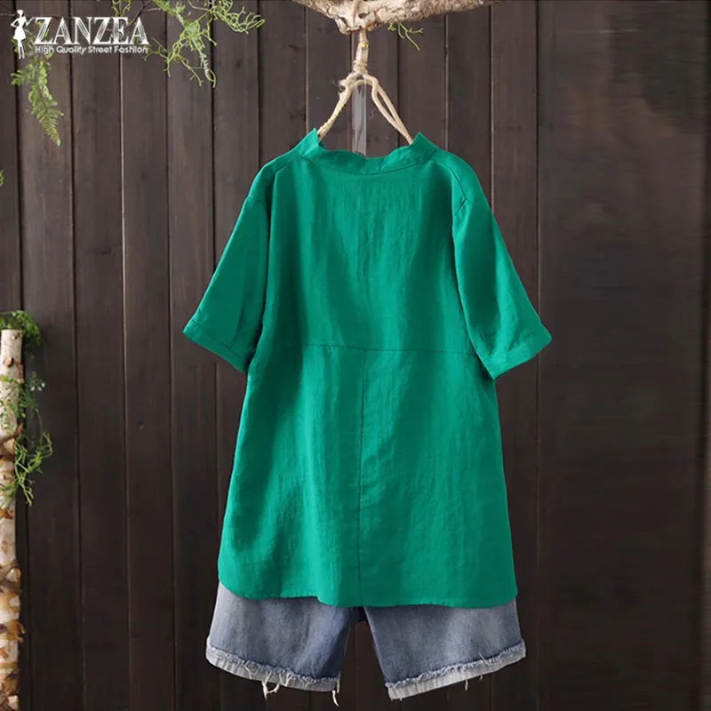 Летние топы, женская льняная блузка, ZANZEA Kaftan, Повседневная рубашка с v-образным вырезом и коротким рукавом, Женская однотонная сорочка размера плюс, Blusas 5XL