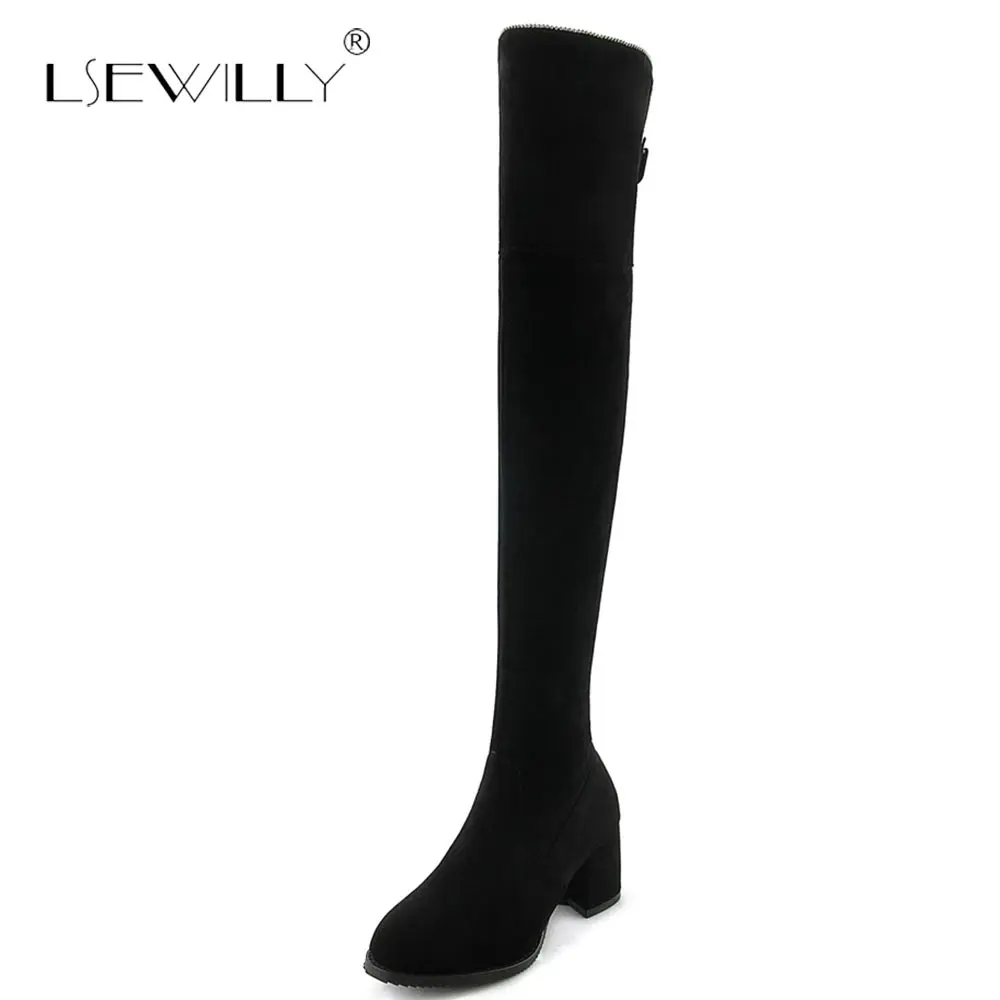 

Lsewilly new fashion long boots flock fashion slip on autumn winter thigh high boots women high heels female shoes black S762