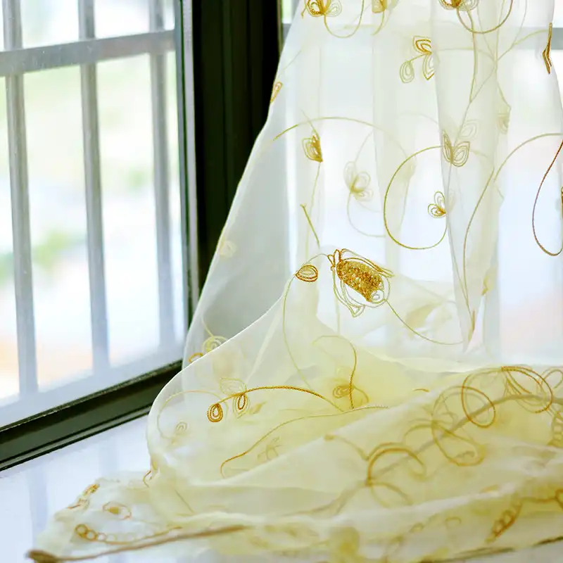 Gold Curtain Floral Sheer Voile European Window Modern Living Room