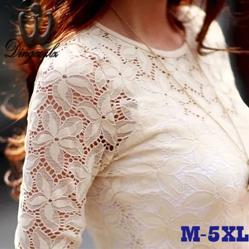 

M-5XL New 2016 Plus size Women Clothing Fashion Lace tops Hollow out Sexy Lace shirt Fashion Long sleeve Chiffon blouse shirt