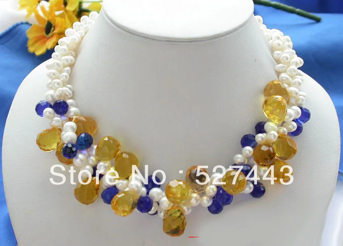 

Wholesale free shipping >>3row white CULTURED PEARL golden/blue drip crystal NECKLACE 17