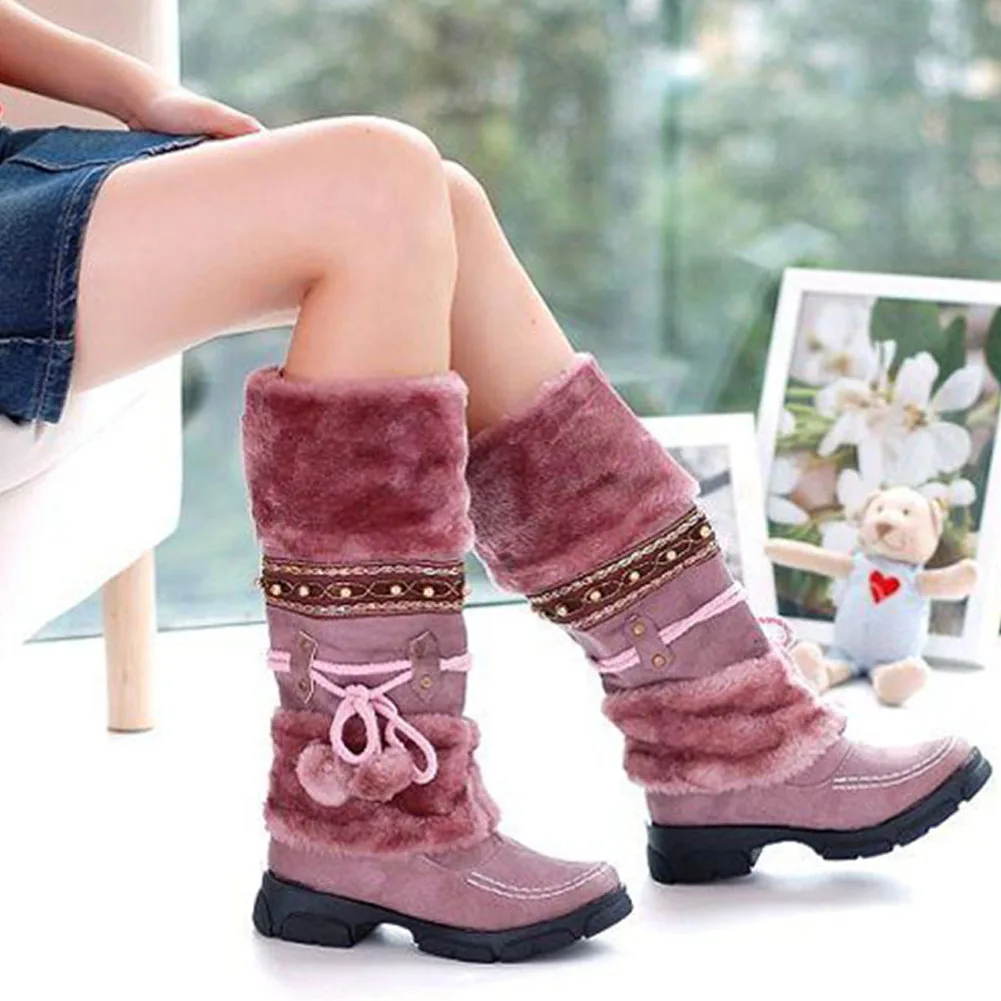 

Warm Winter Snow Boots For Women waterproof kneeboots fashion ladues Lace Up Fur Lined Flat Knee-High rainboots Casual Shoes