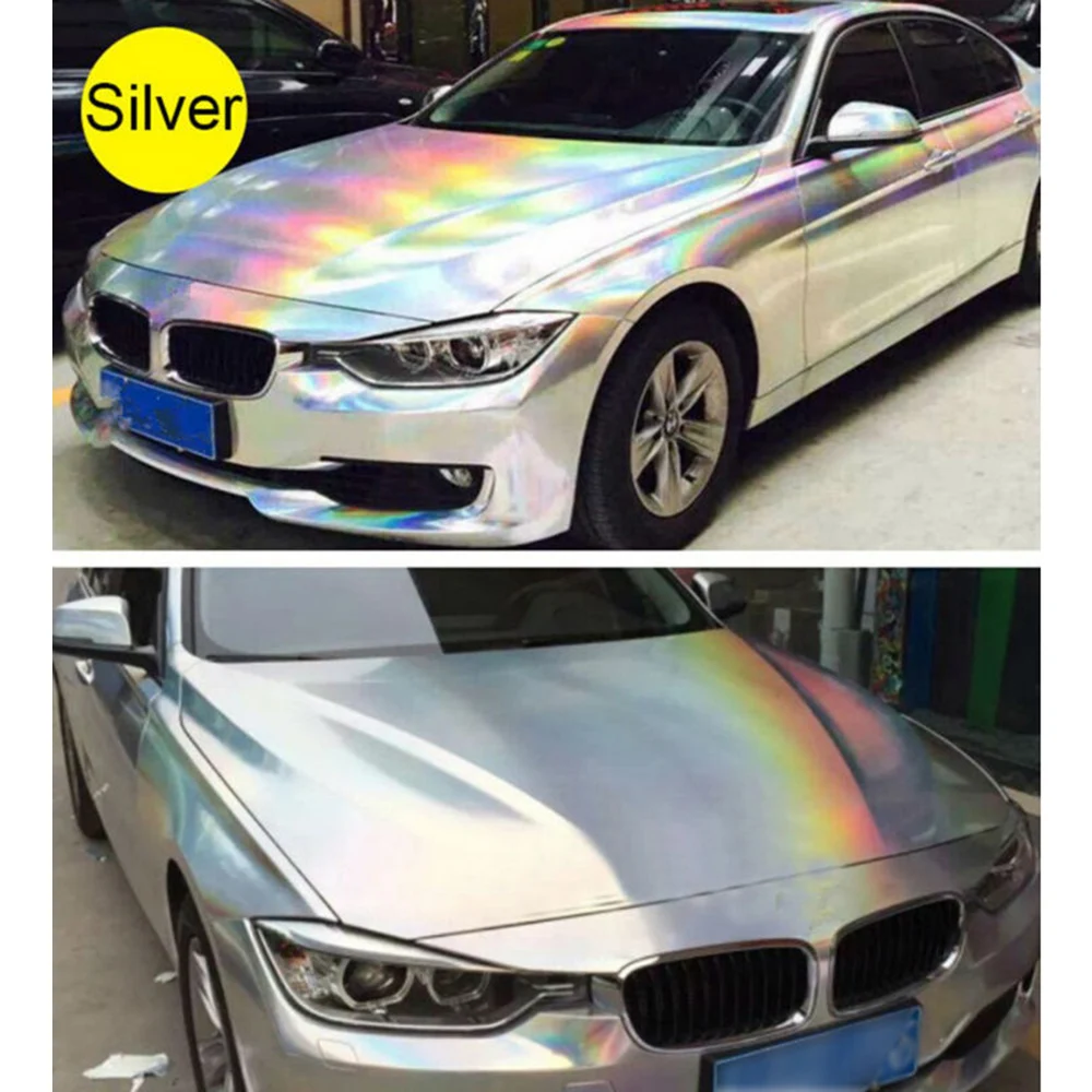 Лидер продаж 1.49x20 м 4.8x65FT лазерной Chrome Серебряный Голографические Радуга автомобиль Обёрточная Бумага Винил как черный и серебристый Цвет