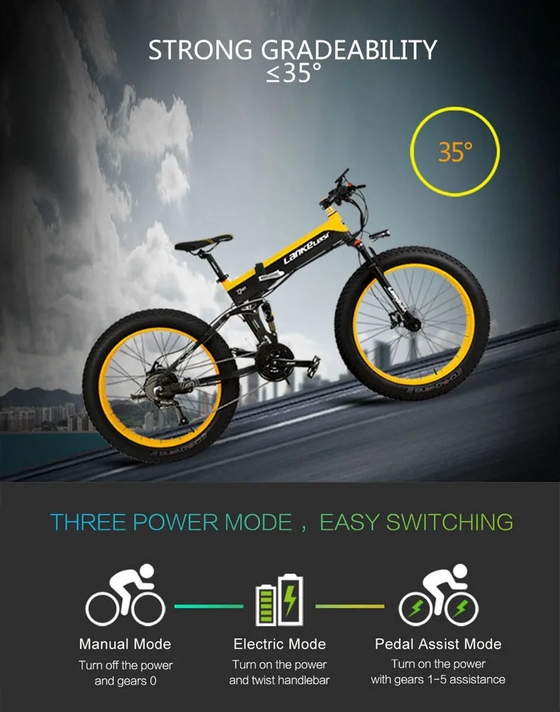 2" EBike 1000 Вт вездеходный складной Электрический горный велосипед с двойной подвеской для езды на велосипеде 4,0 Fat Tire двойной механический дисковый тормоз