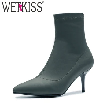 

WETKISS Satin Stiletto Heels Woman Ankle Boots Pointed Toe Footwear Fashion Party Autumn Boots 2018 New Stretch Female Shoes