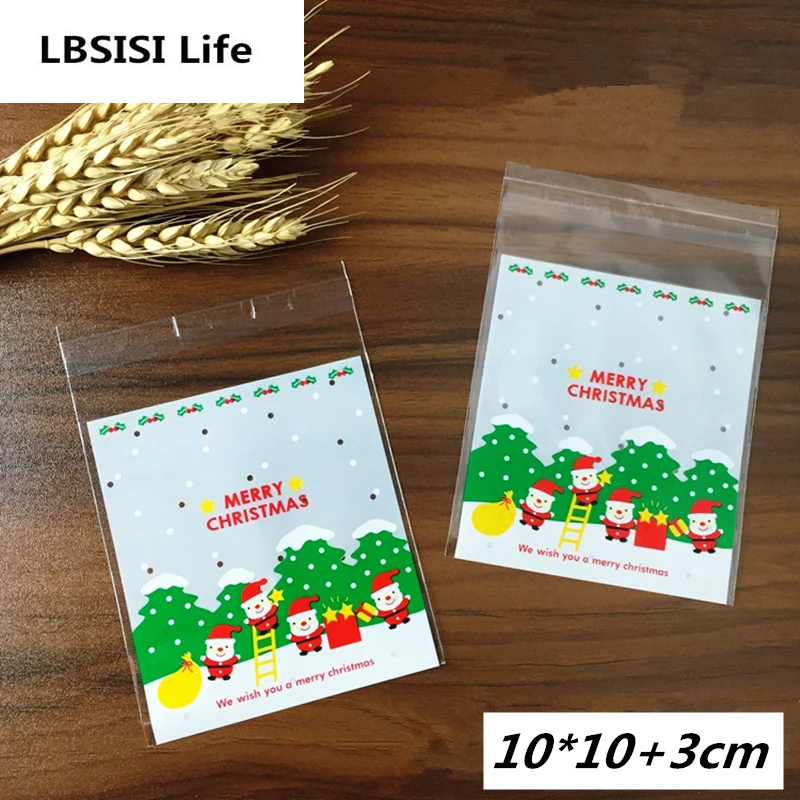 

100pcs 10x10+3cm Green Tree Christmas Bag Snowmen Color Plastic Chocolate Candy Bean Jewelry Cookie Packaging Party Gift Bags