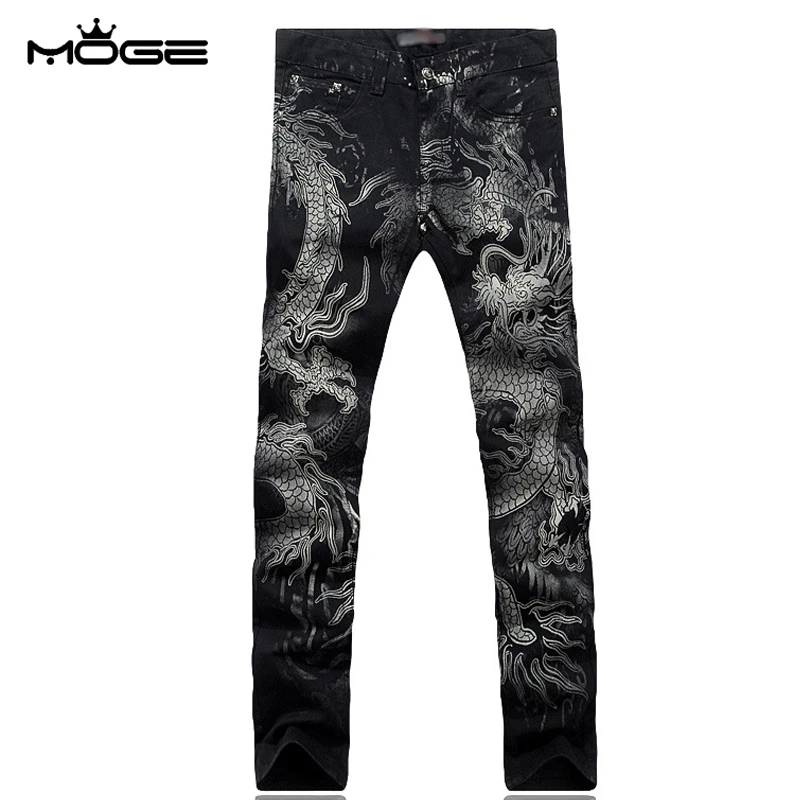 MOGE men print slim jean casual pantacourt homme jeans pantalon biker cremallera marque de luxe