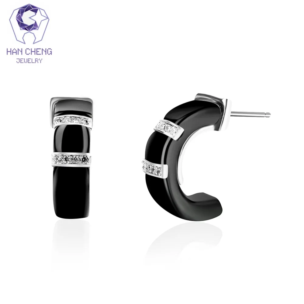 

HanCheng New Fashion Luxury Black Ceramic Silver Plated Nail Gem Stone Zircon CZ Stud Earrings For Women Jewelry brincos bijoux