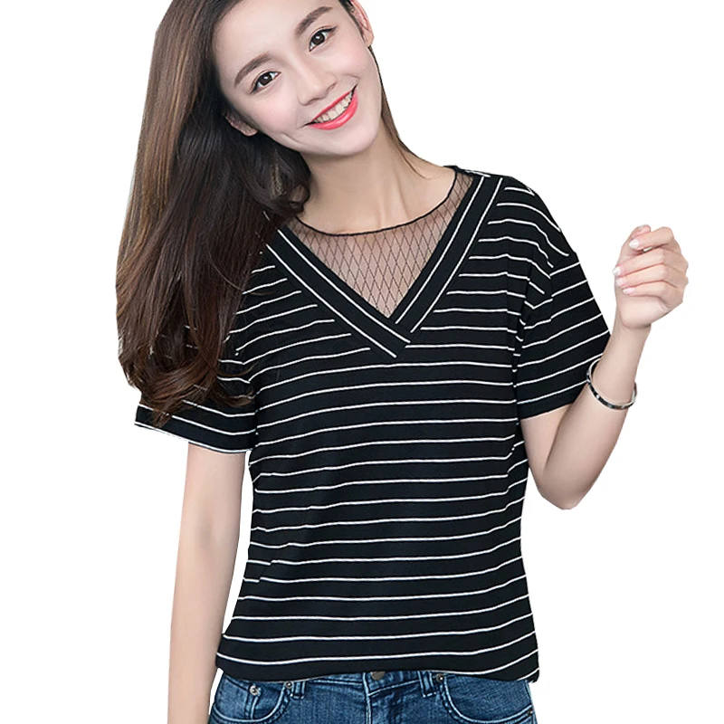 Blouse Femme Ete 2017 Novelty Striped Hollow Out Cotton