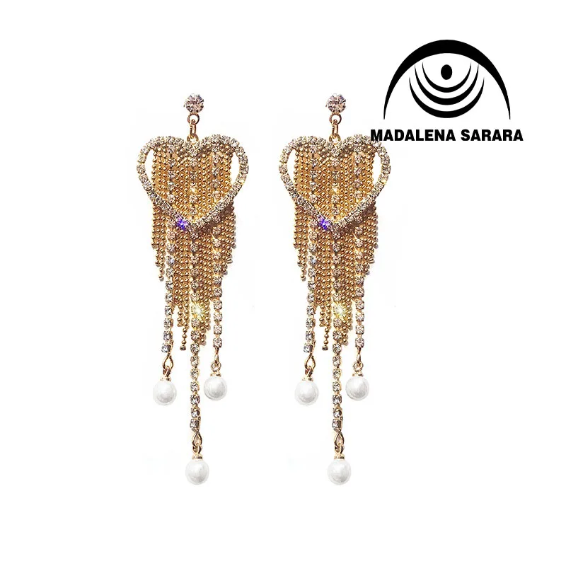 

MADALENA SARARA Fashion S925 Needle earrings Multi-rows Pendant Style Simulation Pearl earrings Crystal Inlaid
