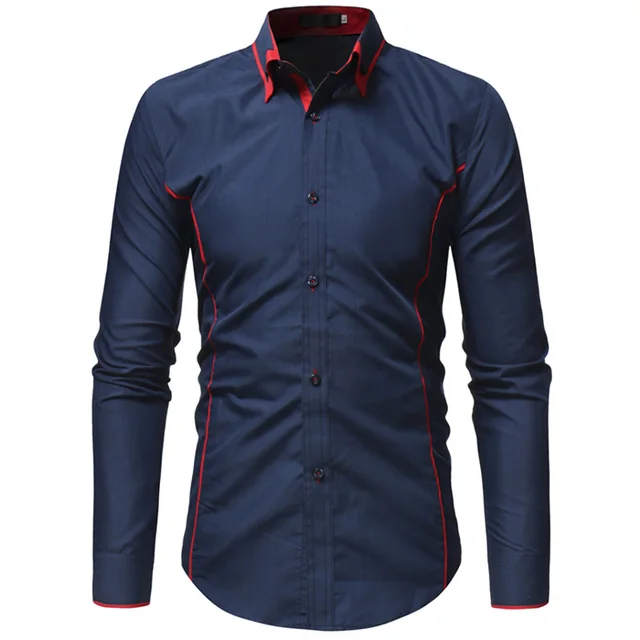Mens Button Down Dress Shirts Casual Slim Fit Black Red Patchwork Shirt ...