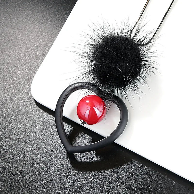 

2018 New Fashion Red Black Mink Fur Ball Heart Pendant Necklace for Women Pom Pom Long Necklace Statement Winter Sweater Chain